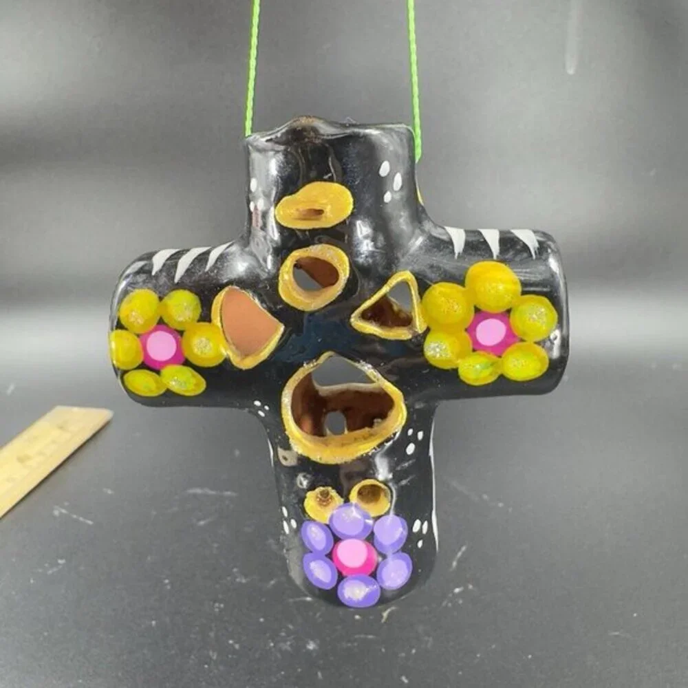 Hand Made‎ RedWare Pottery Mexico Small Ornament Cross Hand Painted Costa Maya